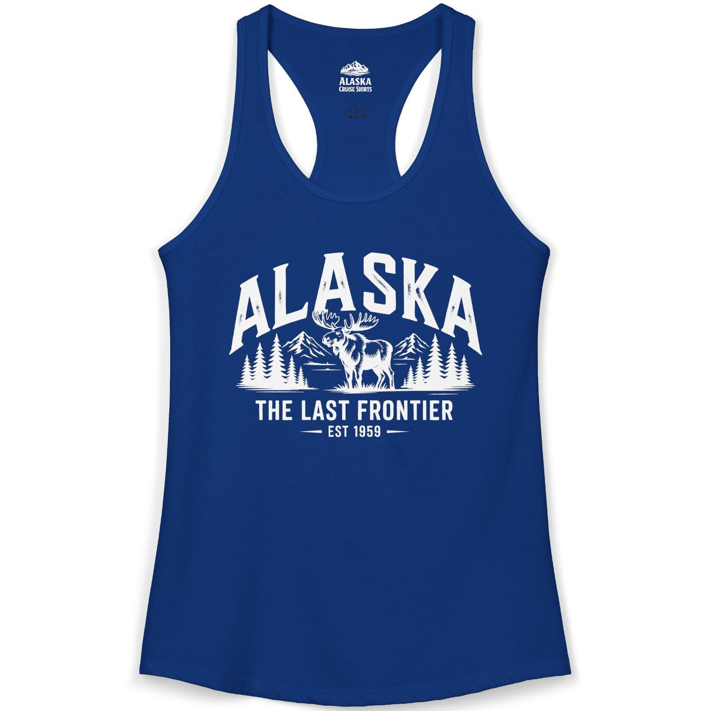 Alaska The Last Frontier Moose Mountain Wilderness Graphic Shirt — Ladies Tank Ladies Tank Top – Solid Royal – Alaska Cruise Shirts
