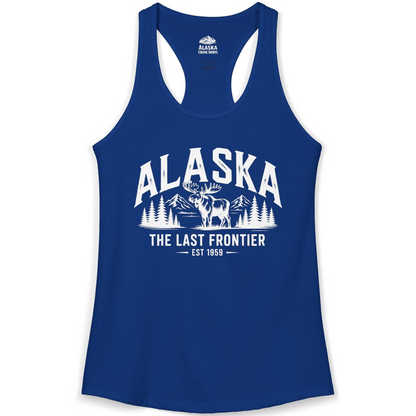 Alaska The Last Frontier Moose Mountain Wilderness Graphic Shirt — Ladies Tank Ladies Tank Top – Solid Royal – Alaska Cruise Shirts