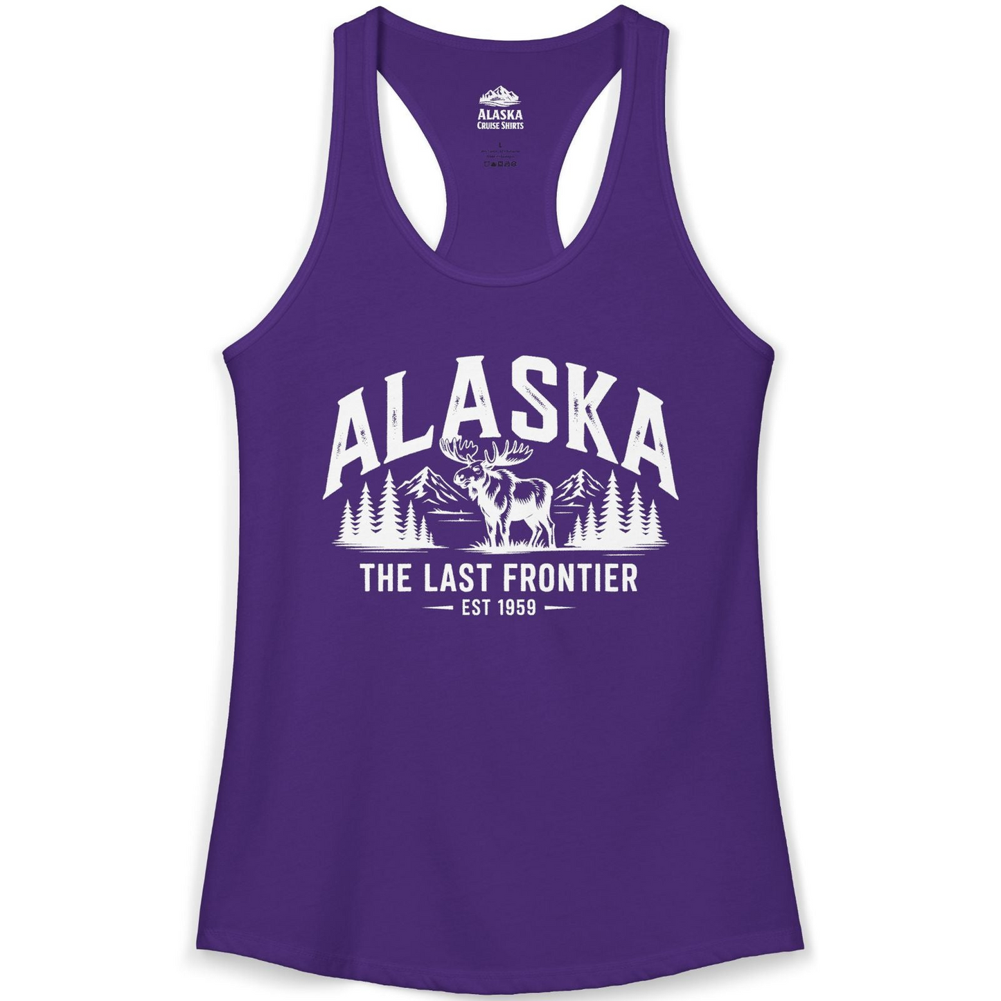 Alaska The Last Frontier Moose Mountain Wilderness Graphic Shirt — Ladies Tank Ladies Tank Top – Solid Purple Rush – Alaska Cruise Shirts