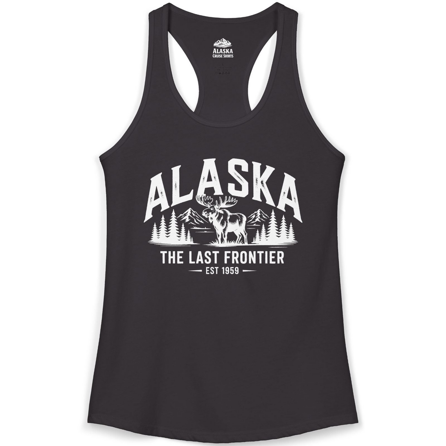 Alaska The Last Frontier Moose Mountain Wilderness Graphic Shirt — Ladies Tank Ladies Tank Top – Black – Alaska Cruise Shirts