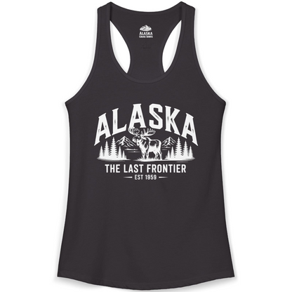 Alaska The Last Frontier Moose Mountain Wilderness Graphic Shirt — Ladies Tank Ladies Tank Top – Black – Alaska Cruise Shirts