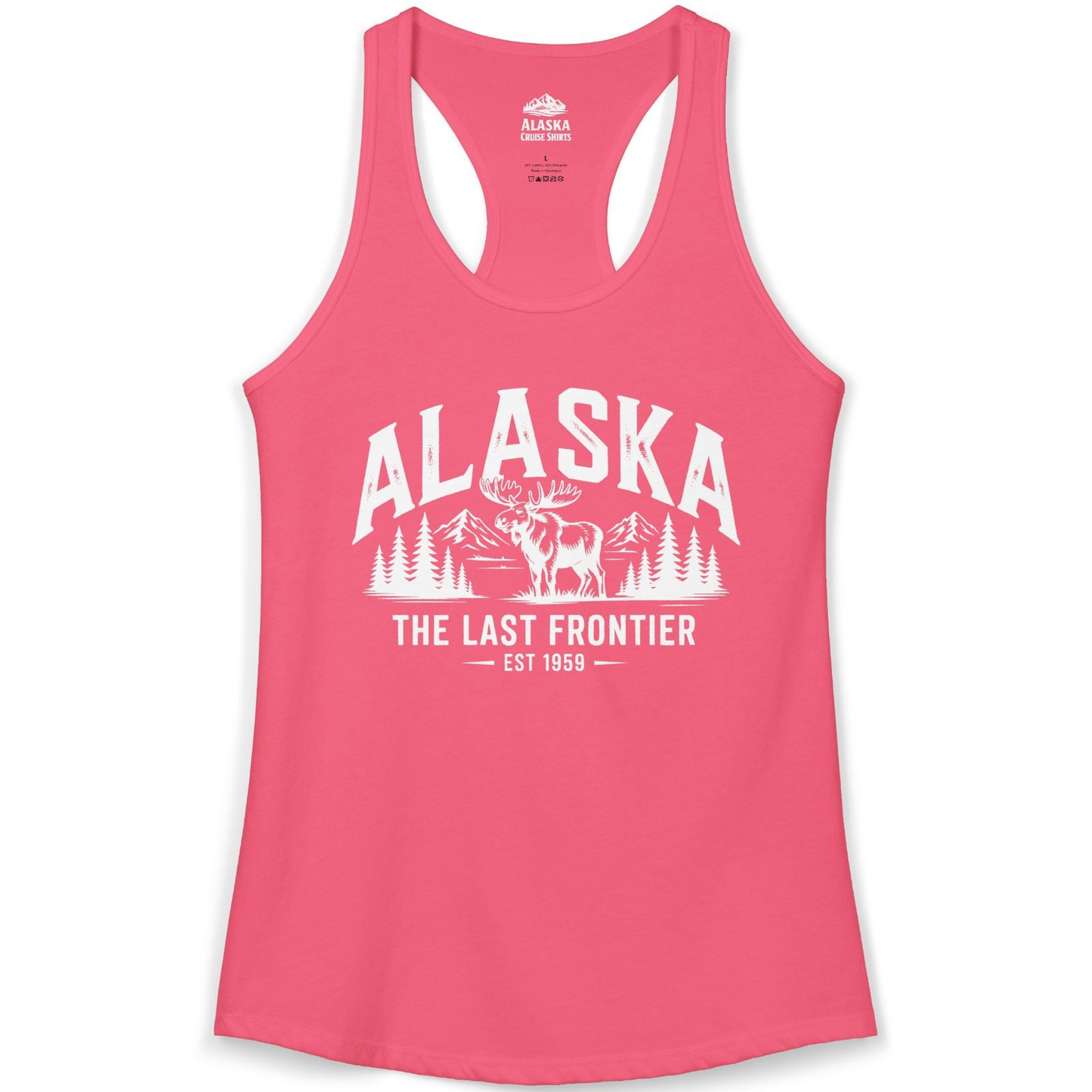 Alaska The Last Frontier Moose Mountain Wilderness Graphic Shirt — Ladies Tank Ladies Tank Top – Hot Pink – Alaska Cruise Shirts