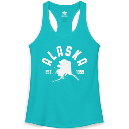Vintage Alaska State Outline Est 1959 Retro Collegiate Shirt — Ladies Tank Ladies Tank Top – Tahiti Blue – Alaska Cruise Shirts
