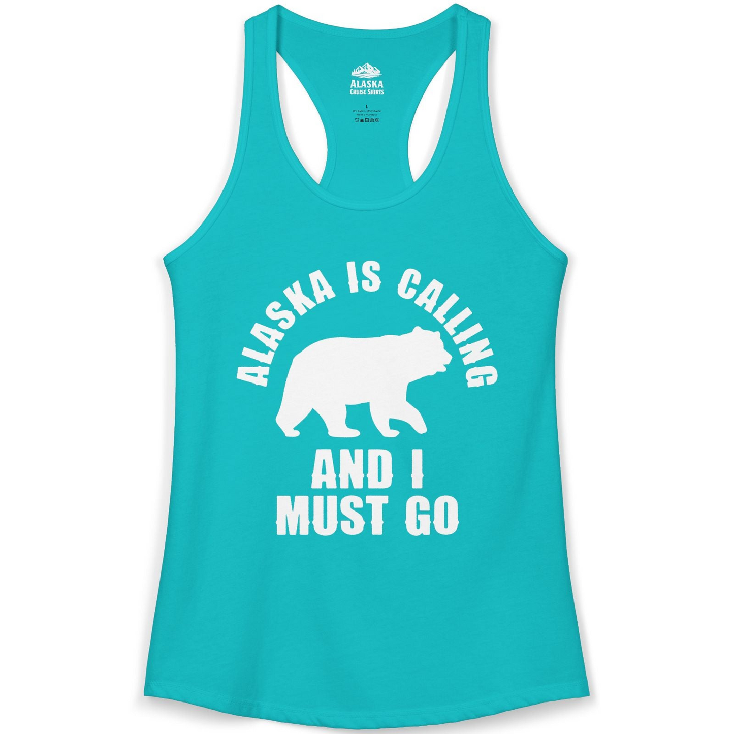Alaska Is Calling Bear Silhouette Adventure Shirt Ladies Tank Top – Tahiti Blue – Alaska Cruise Shirts