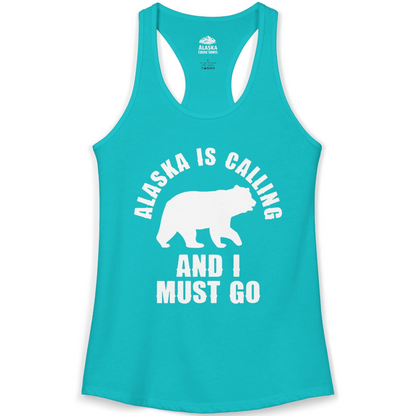 Alaska Is Calling Bear Silhouette Adventure Shirt Ladies Tank Top – Tahiti Blue – Alaska Cruise Shirts