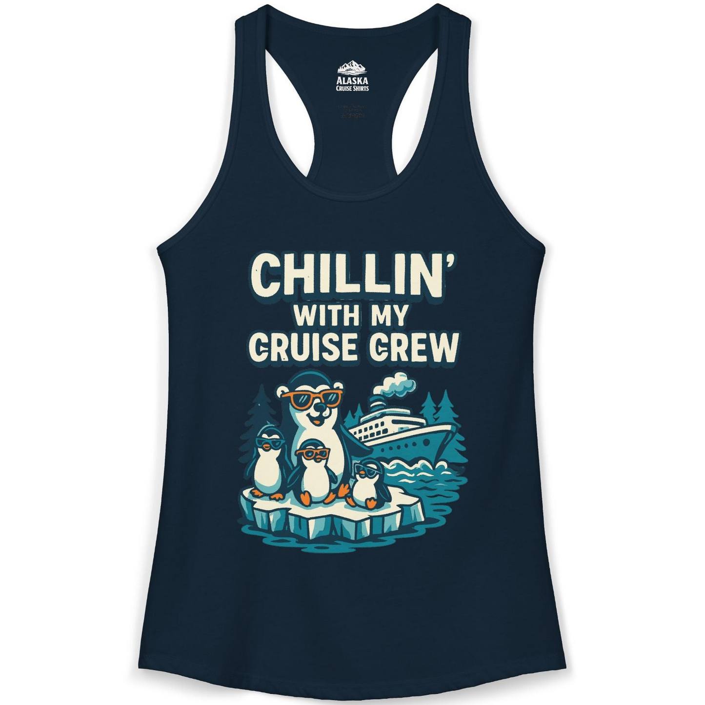Chillin With My Cruise Crew Cute Penguins Alaska Cartoon Shirt — Ladies Tank Ladies Tank Top – Solid Midnight Navy – Alaska Cruise Shirts
