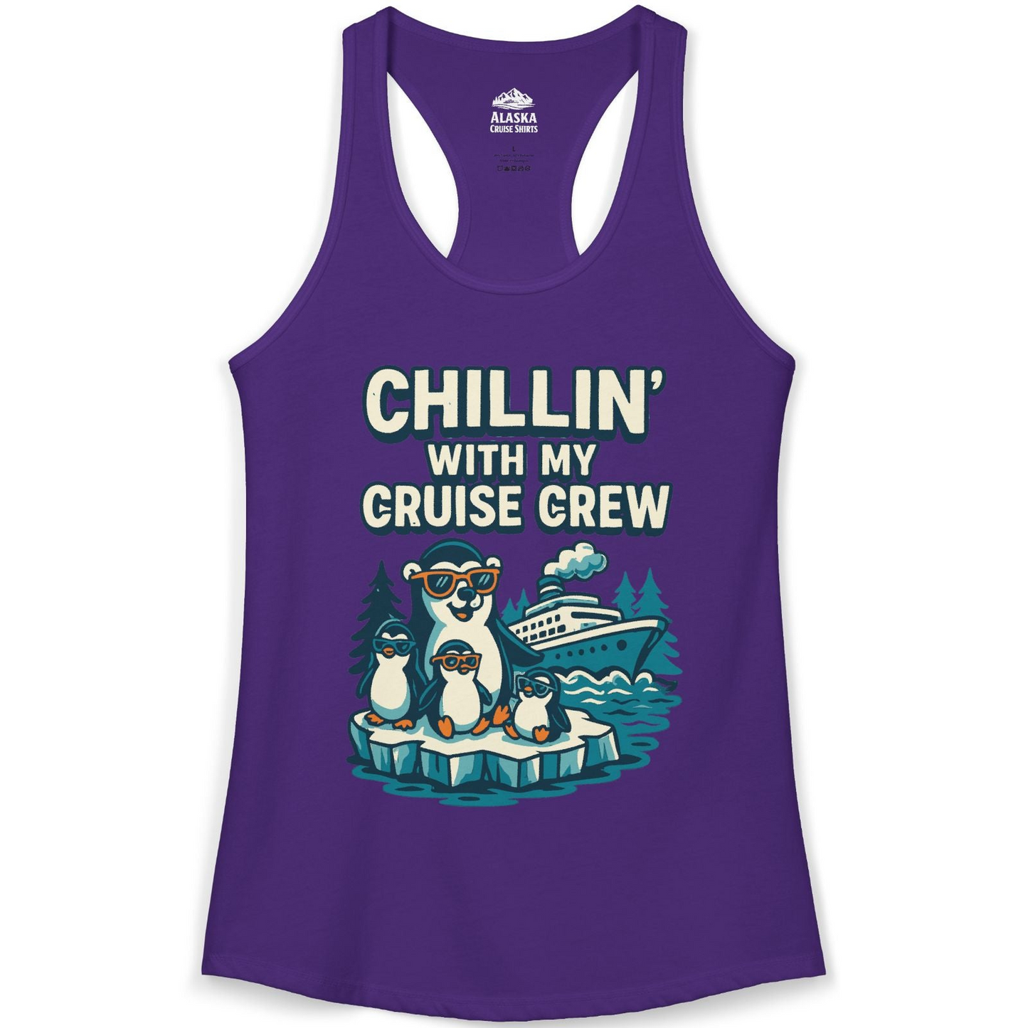 Chillin With My Cruise Crew Cute Penguins Alaska Cartoon Shirt — Ladies Tank Ladies Tank Top – Solid Purple Rush – Alaska Cruise Shirts