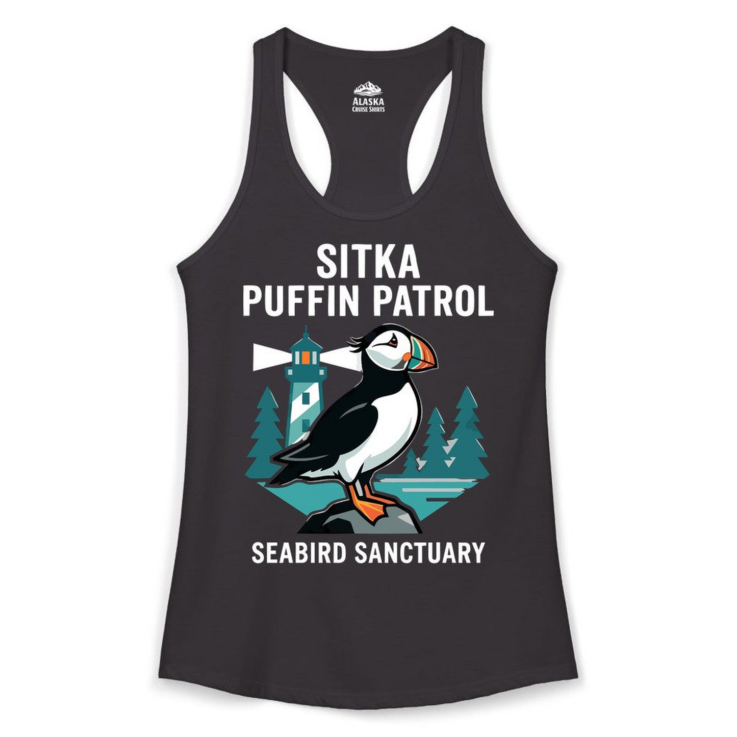 Sitka Puffin Bird Sanctuary Shirt Ladies Tank Top – Black – Alaska Cruise Shirts
