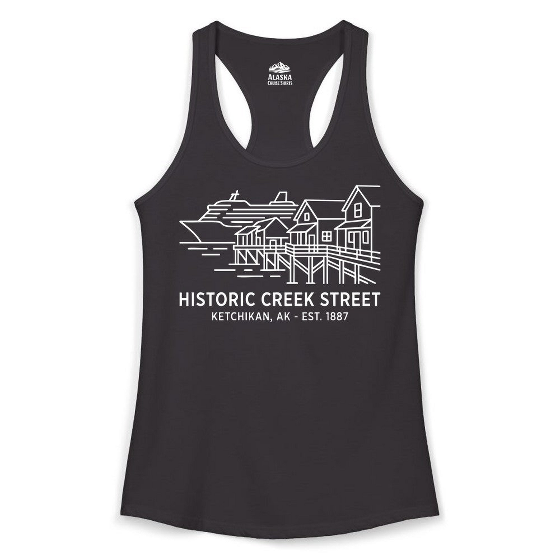 Ketchikan Creek Street Alaska Waterfront and Cruise Ship Shirt — Ladies Tank Ladies Tank Top – Black – Alaska Cruise Shirts