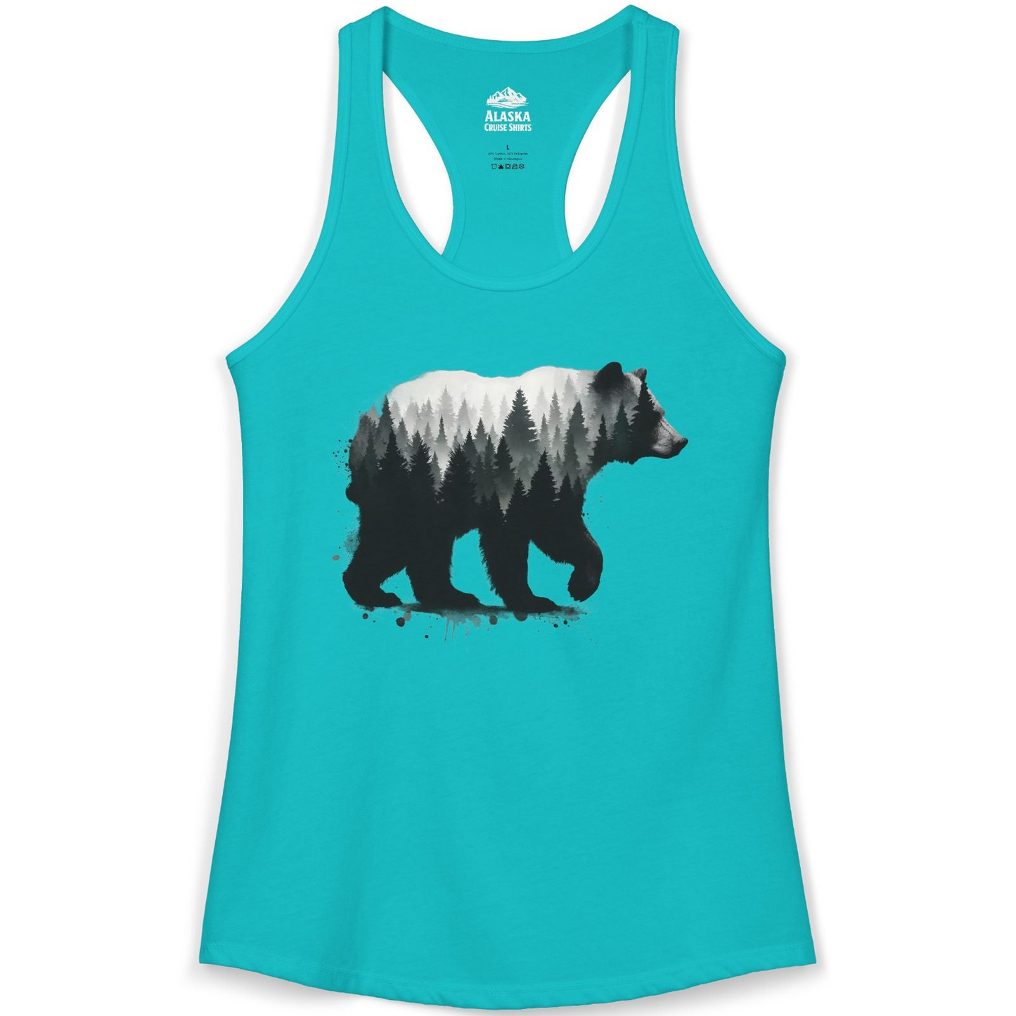 Bear Silhouette Forest Double Exposure Shirt Ladies Tank Top – Tahiti Blue – Alaska Cruise Shirts