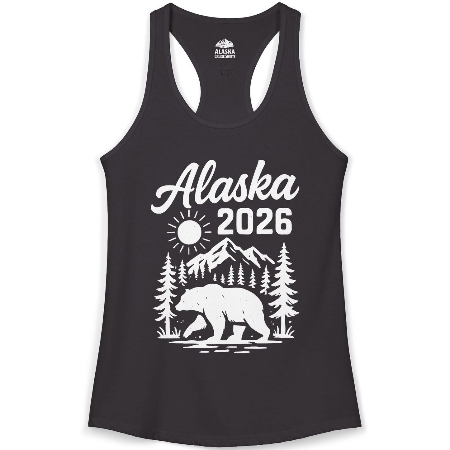 Alaska 2026 Bear and Mountains Nature Adventure Shirt — Ladies Tank Ladies Tank Top – Black – Alaska Cruise Shirts