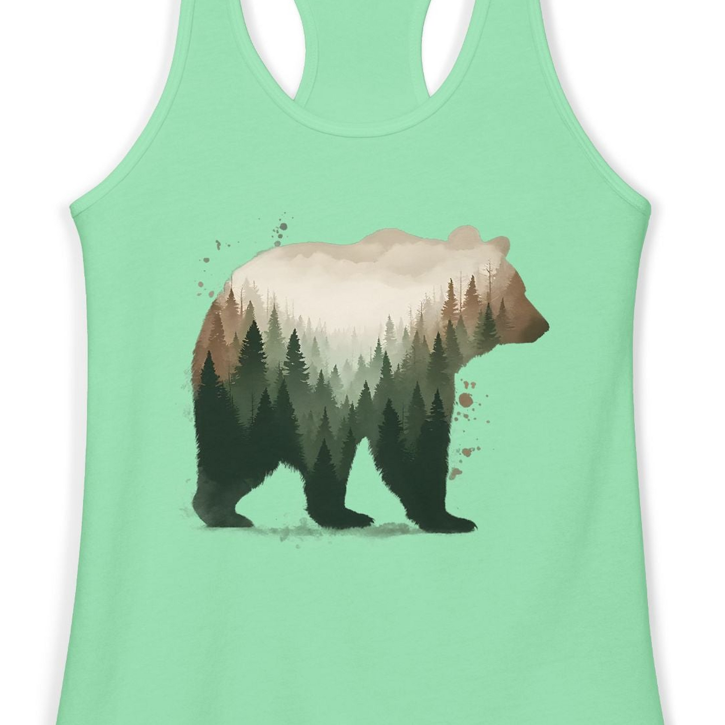 Double Exposure Bear Forest Shirt Ladies Tank Top – Solid Mint – Alaska Cruise Shirts Close Up