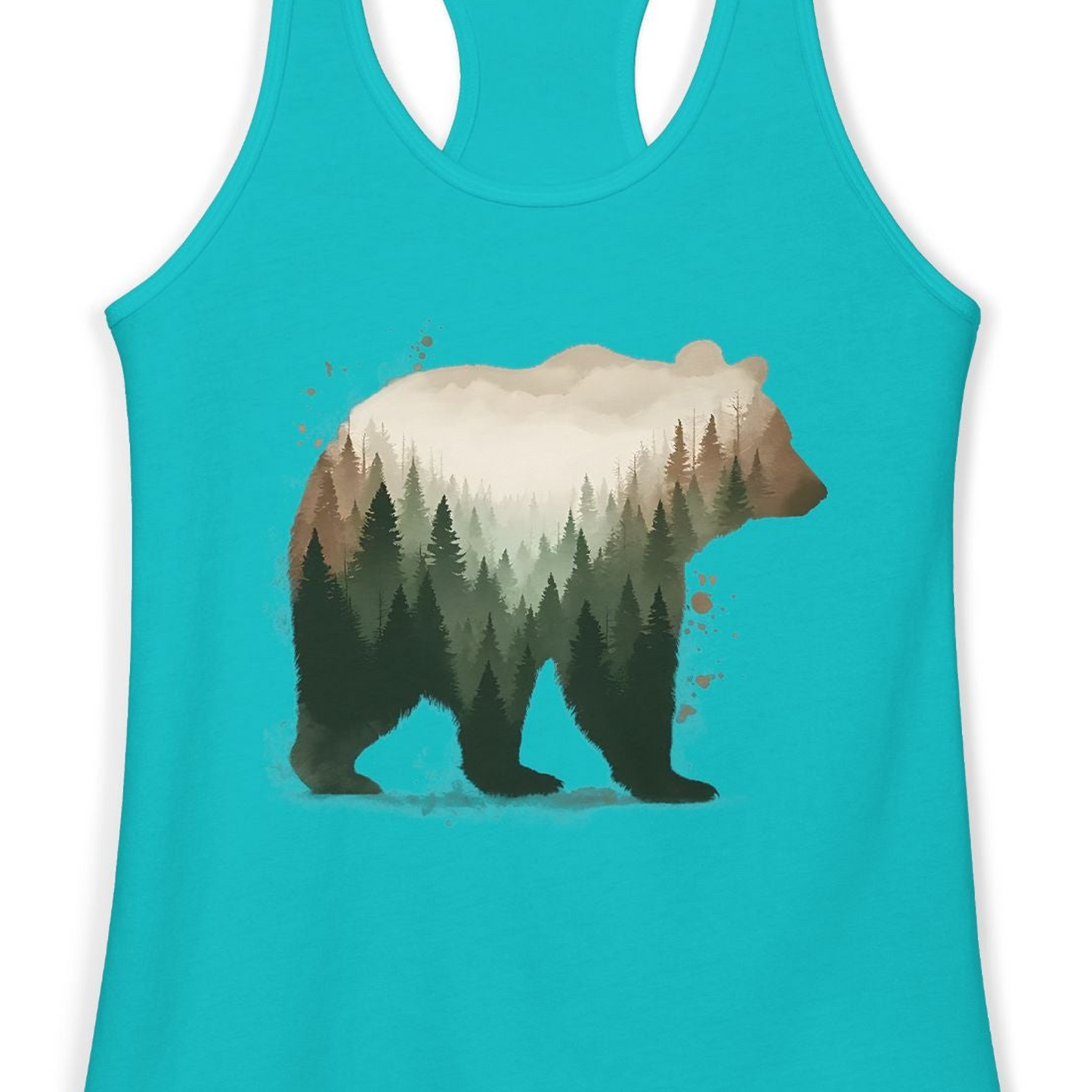Double Exposure Bear Forest Shirt Ladies Tank Top – Tahiti Blue – Alaska Cruise Shirts Close Up