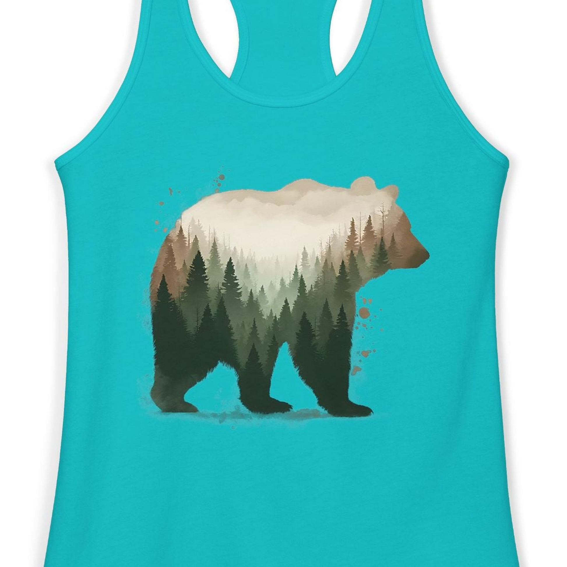 Double Exposure Bear Forest Shirt Ladies Tank Top – Tahiti Blue – Alaska Cruise Shirts Close Up
