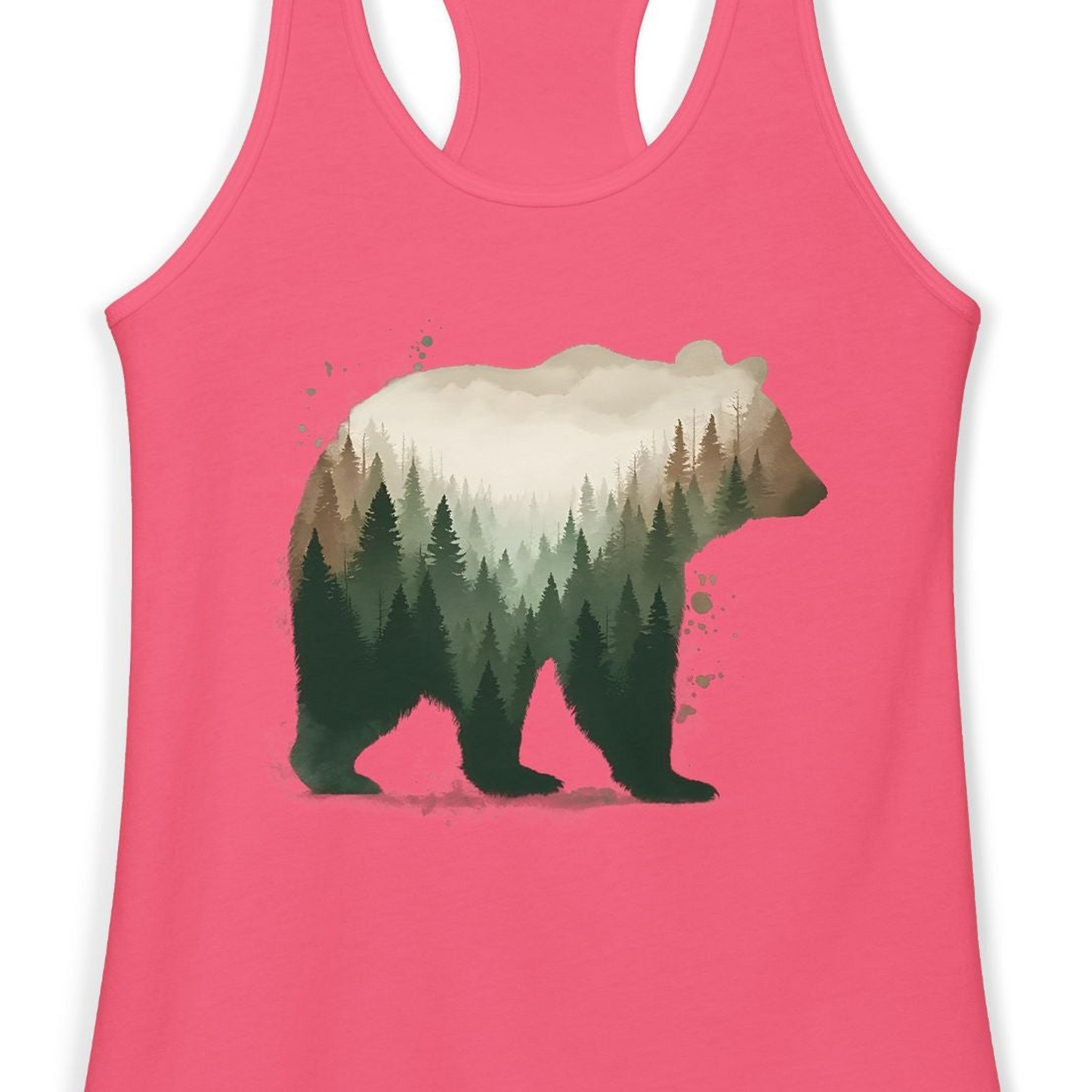 Double Exposure Bear Forest Shirt Ladies Tank Top – Hot Pink – Alaska Cruise Shirts Close Up