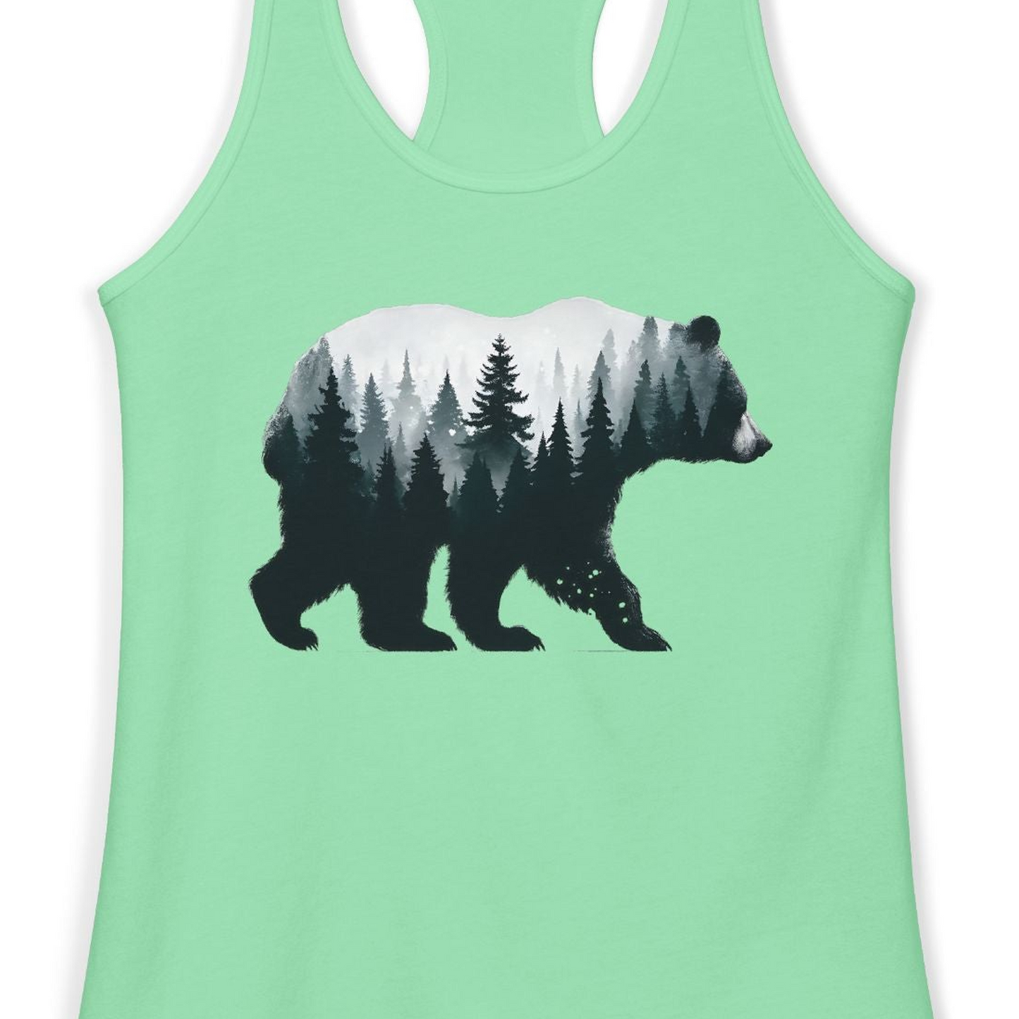 Double Exposure Bear Forest Silhouette Wilderness Shirt for Nature Lovers — Ladies Tank Ladies Tank Top – Solid Mint – Alaska Cruise Shirts Close Up
