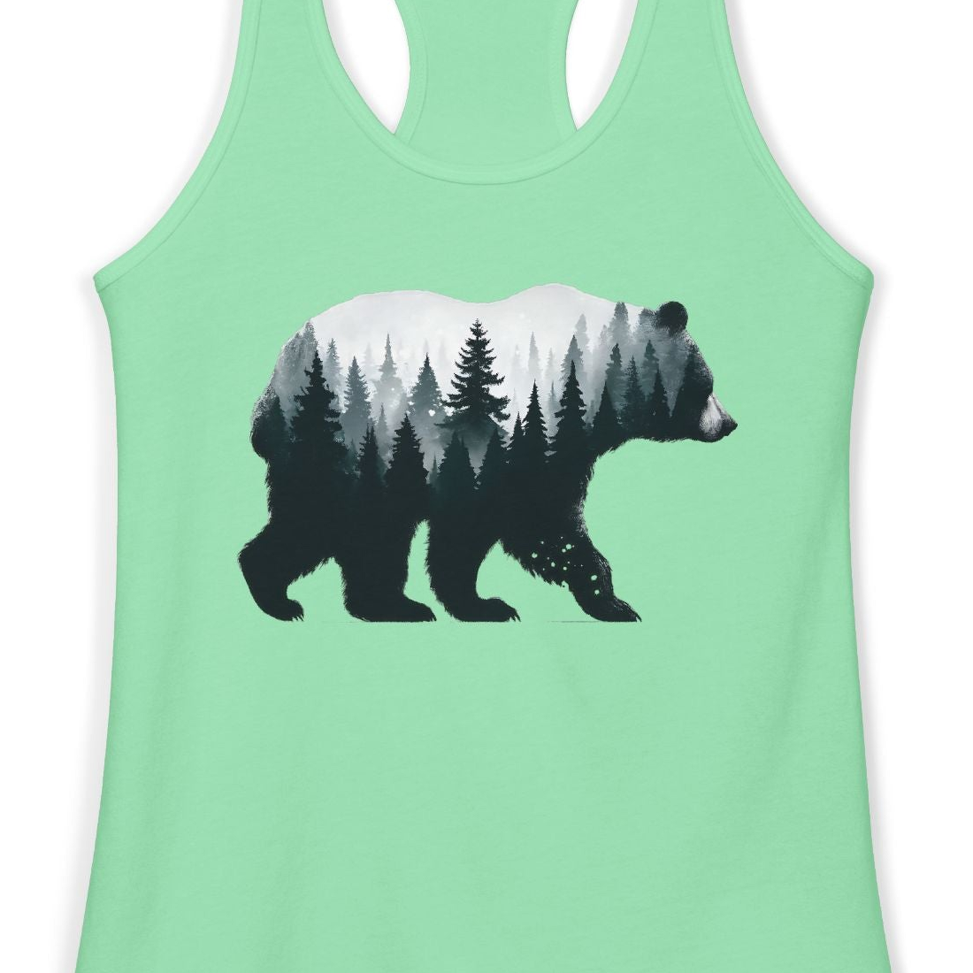 Double Exposure Bear Forest Silhouette Wilderness Shirt for Nature Lovers — Ladies Tank Ladies Tank Top – Solid Mint – Alaska Cruise Shirts Close Up