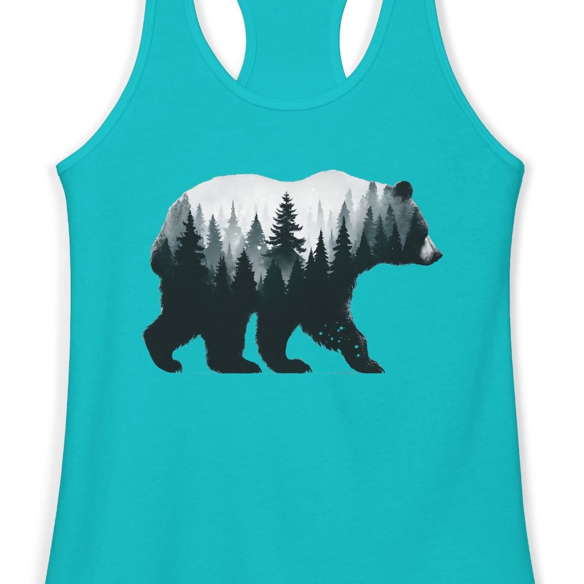 Double Exposure Bear Forest Silhouette Wilderness Shirt for Nature Lovers — Ladies Tank Ladies Tank Top – Tahiti Blue – Alaska Cruise Shirts Close Up