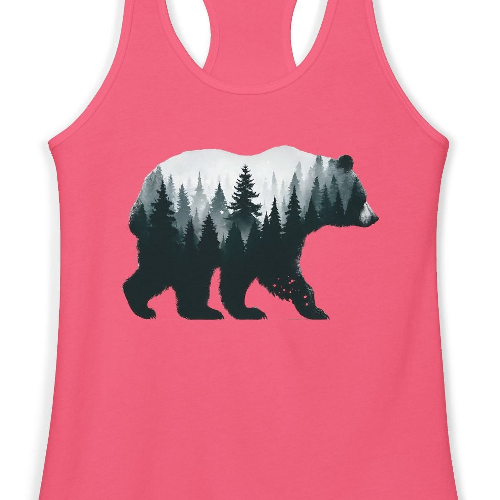 Double Exposure Bear Forest Silhouette Wilderness Shirt for Nature Lovers — Ladies Tank Ladies Tank Top – Hot Pink – Alaska Cruise Shirts Close Up