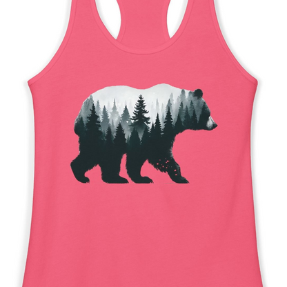 Double Exposure Bear Forest Silhouette Wilderness Shirt for Nature Lovers — Ladies Tank Ladies Tank Top – Hot Pink – Alaska Cruise Shirts Close Up