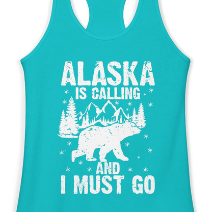 Alaska Is Calling Bear Mountain Wilderness Adventure Vintage Shirt — Ladies Tank Ladies Tank Top – Tahiti Blue – Alaska Cruise Shirts Close Up
