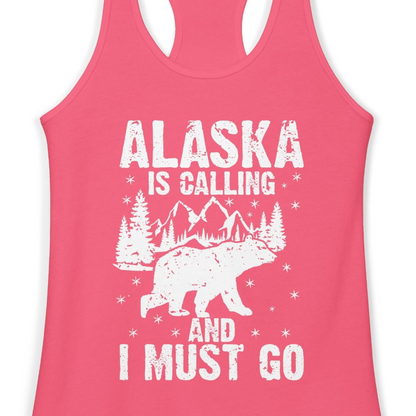 Alaska Is Calling Bear Mountain Wilderness Adventure Vintage Shirt — Ladies Tank Ladies Tank Top – Hot Pink – Alaska Cruise Shirts Close Up