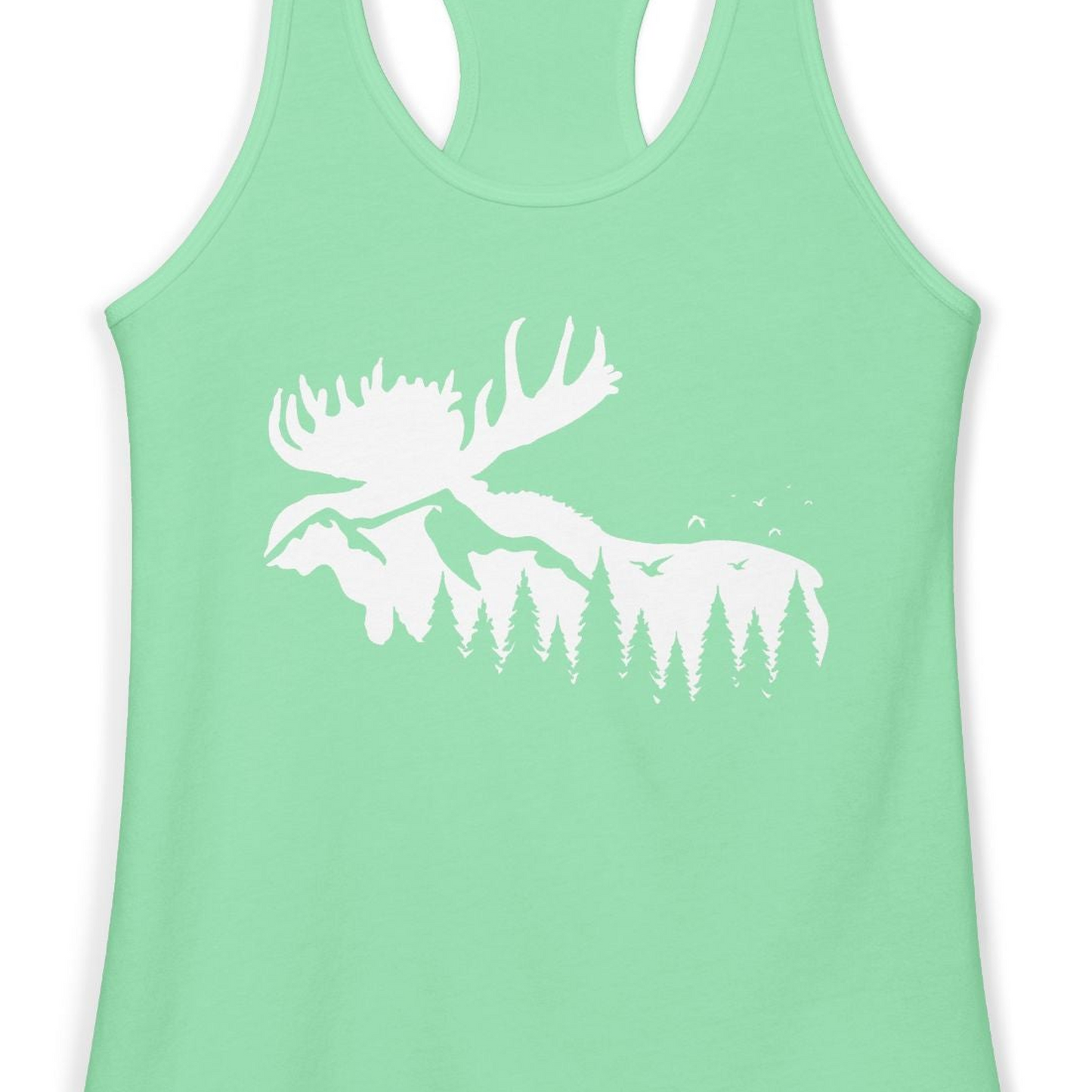 Moose Silhouette Forest Scene Shirt Ladies Tank Top – Solid Mint – Alaska Cruise Shirts Close Up