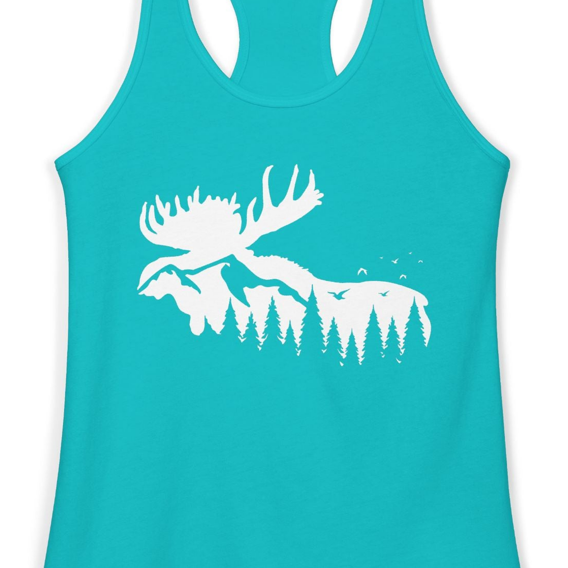 Moose Silhouette Forest Scene Shirt Ladies Tank Top – Tahiti Blue – Alaska Cruise Shirts Close Up