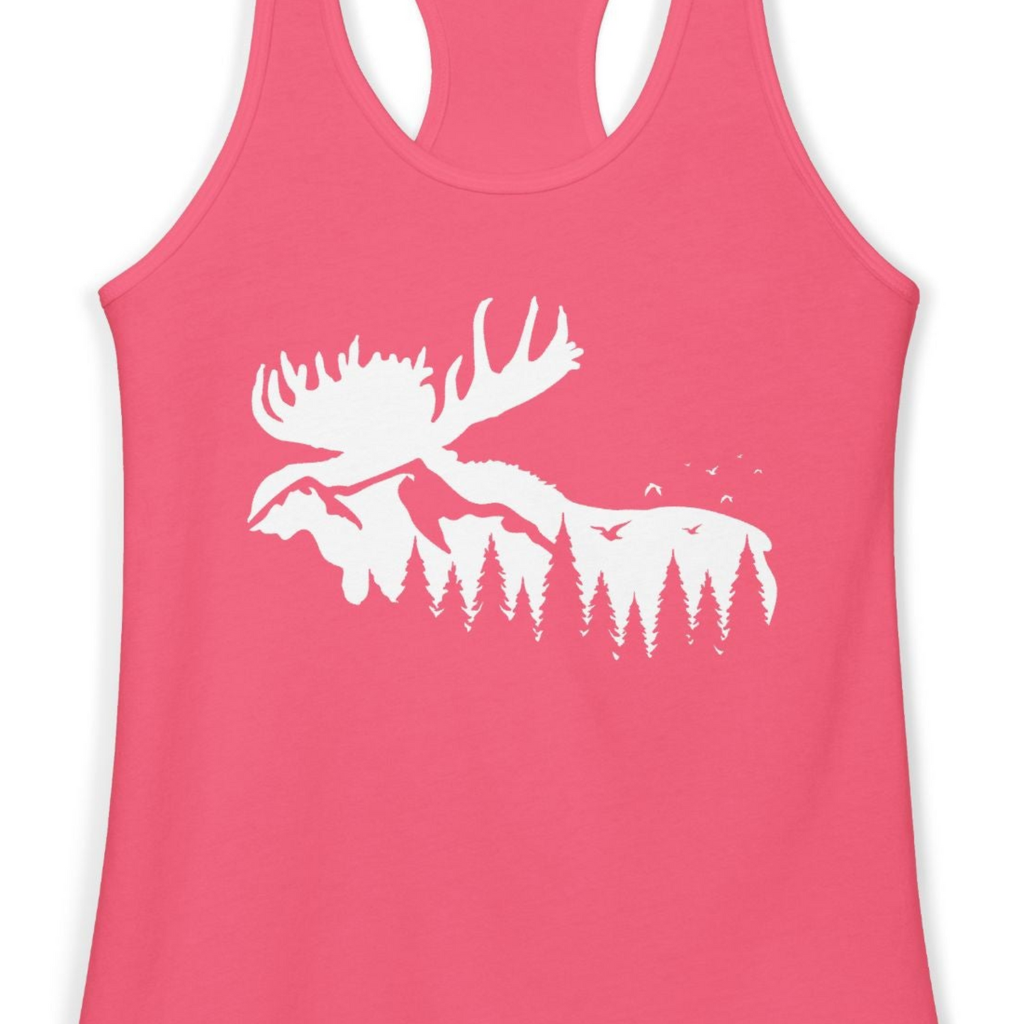 Moose Silhouette Forest Scene Shirt Ladies Tank Top – Hot Pink – Alaska Cruise Shirts Close Up