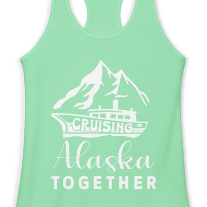 Cruising Alaska Together Mountains and Ship Family Cruise Shirt — Ladies Tank Ladies Tank Top – Solid Mint – Alaska Cruise Shirts Close Up