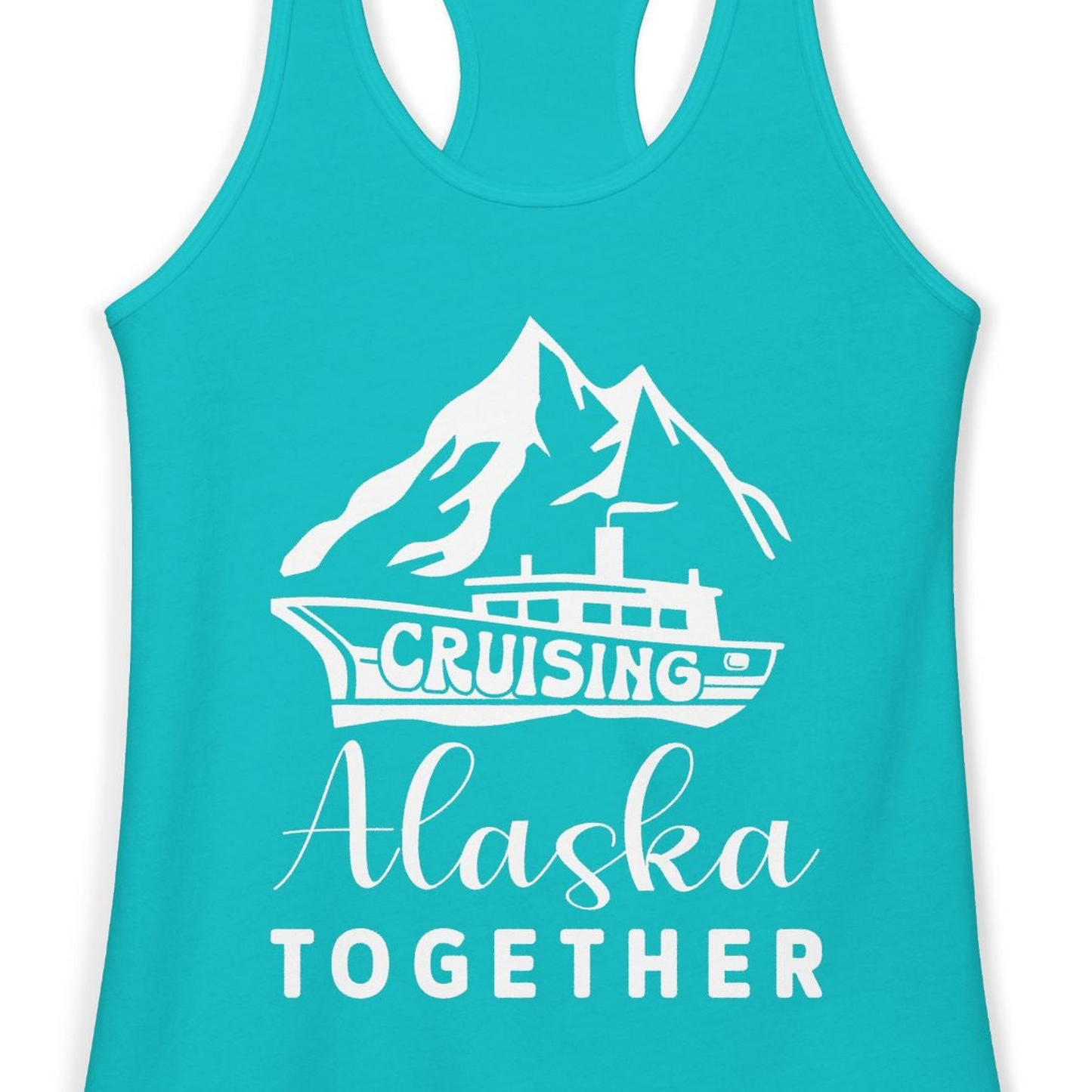 Cruising Alaska Together Mountains and Ship Family Cruise Shirt — Ladies Tank Ladies Tank Top – Tahiti Blue – Alaska Cruise Shirts Close Up