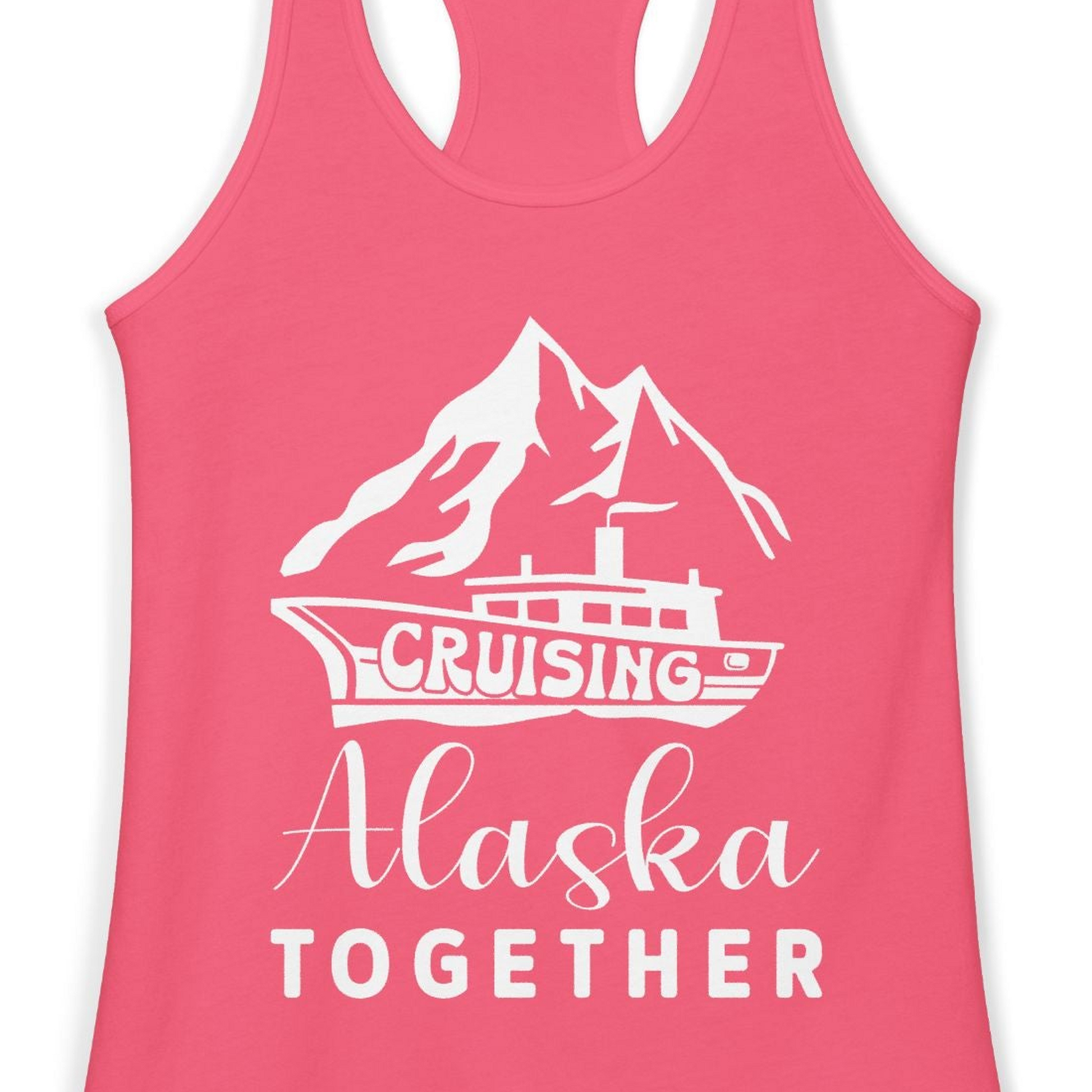 Cruising Alaska Together Mountains and Ship Family Cruise Shirt — Ladies Tank Ladies Tank Top – Hot Pink – Alaska Cruise Shirts Close Up