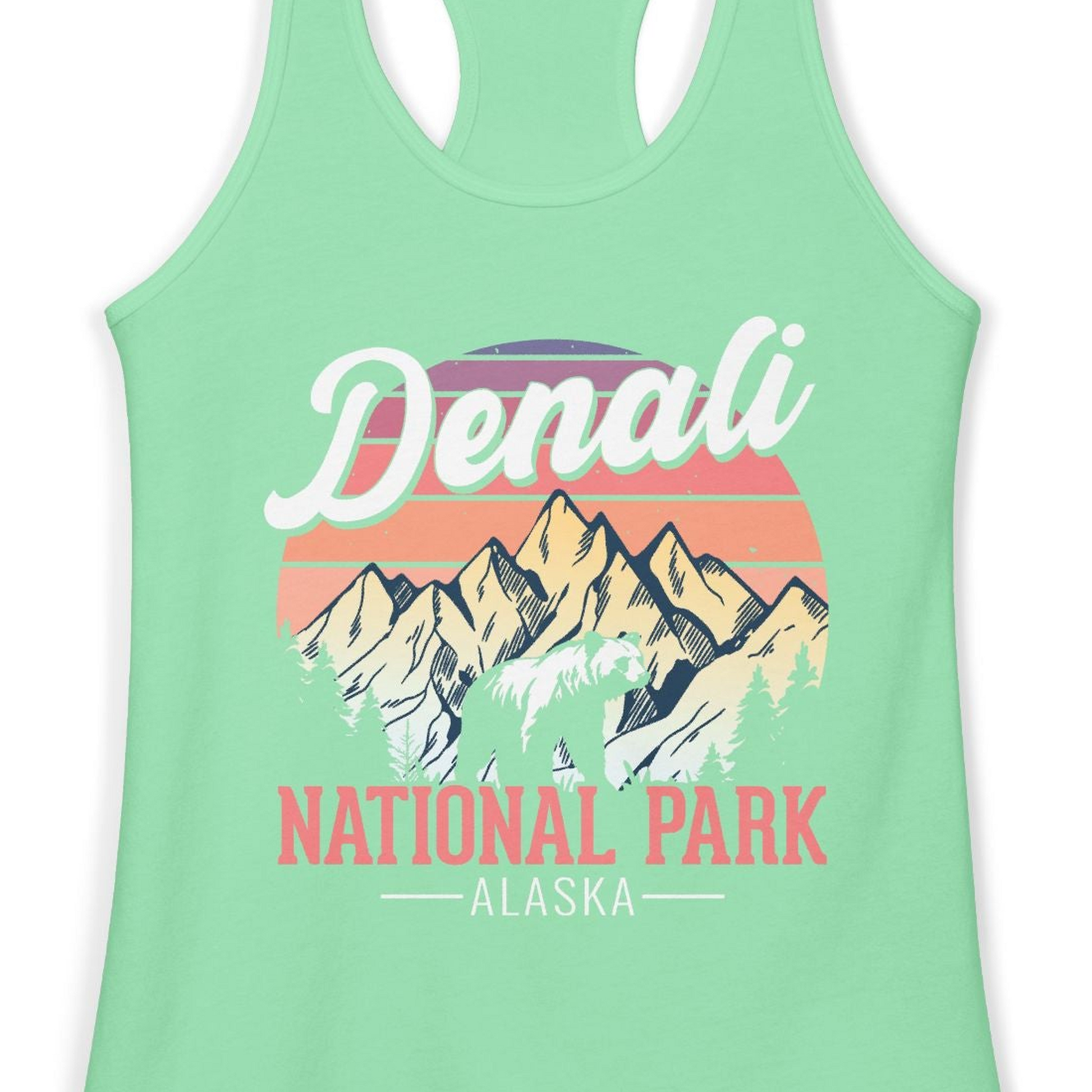 Retro Denali National Park Alaska Bear Mountains Vintage Shirt — Ladies Tank Ladies Tank Top – Solid Mint – Alaska Cruise Shirts Close Up