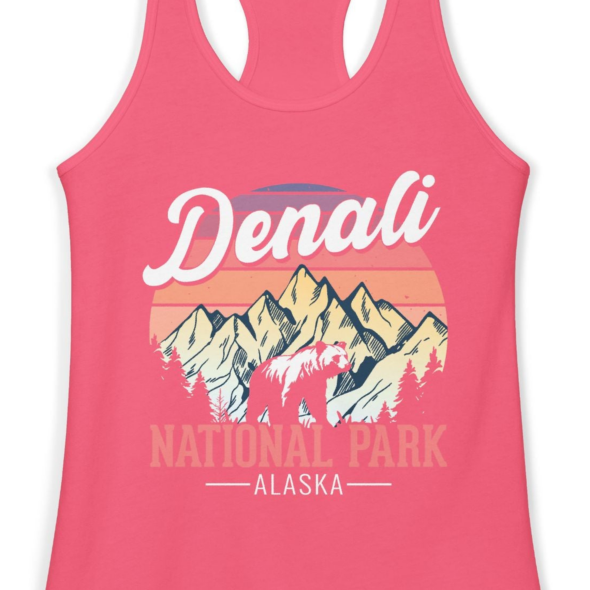 Retro Denali National Park Alaska Bear Mountains Vintage Shirt — Ladies Tank Ladies Tank Top – Hot Pink – Alaska Cruise Shirts Close Up