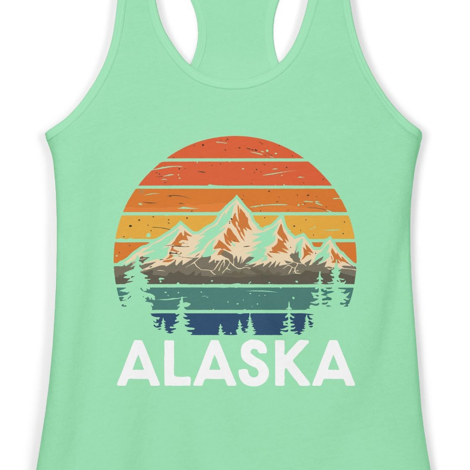 Retro Alaska Mountain Scenery Shirt Ladies Tank Top – Solid Mint – Alaska Cruise Shirts Close Up