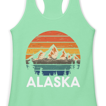 Retro Alaska Mountain Scenery Shirt Ladies Tank Top – Solid Mint – Alaska Cruise Shirts Close Up