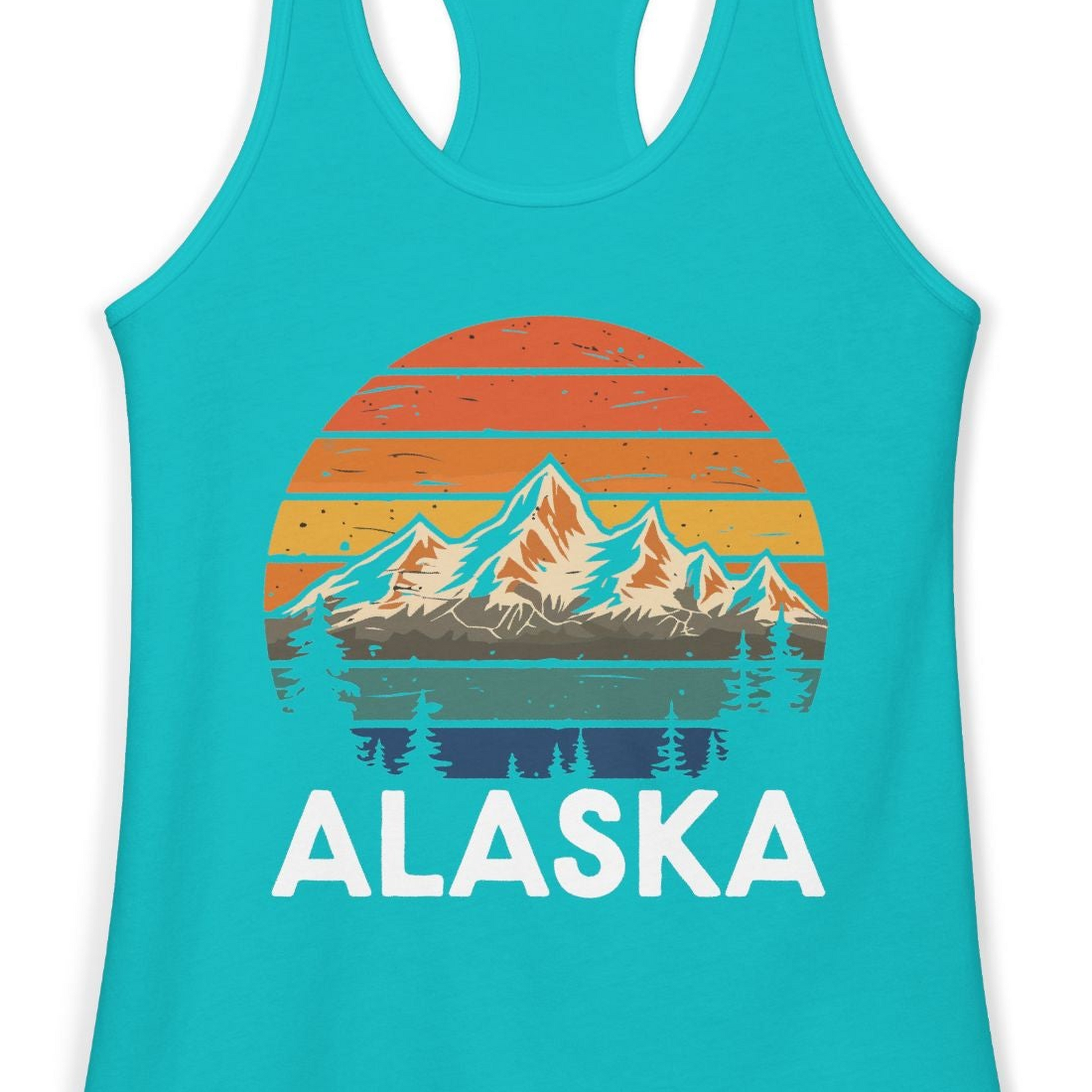 Retro Alaska Mountain Scenery Shirt Ladies Tank Top – Tahiti Blue – Alaska Cruise Shirts Close Up
