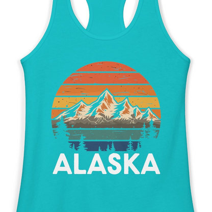 Retro Alaska Mountain Scenery Shirt Ladies Tank Top – Tahiti Blue – Alaska Cruise Shirts Close Up