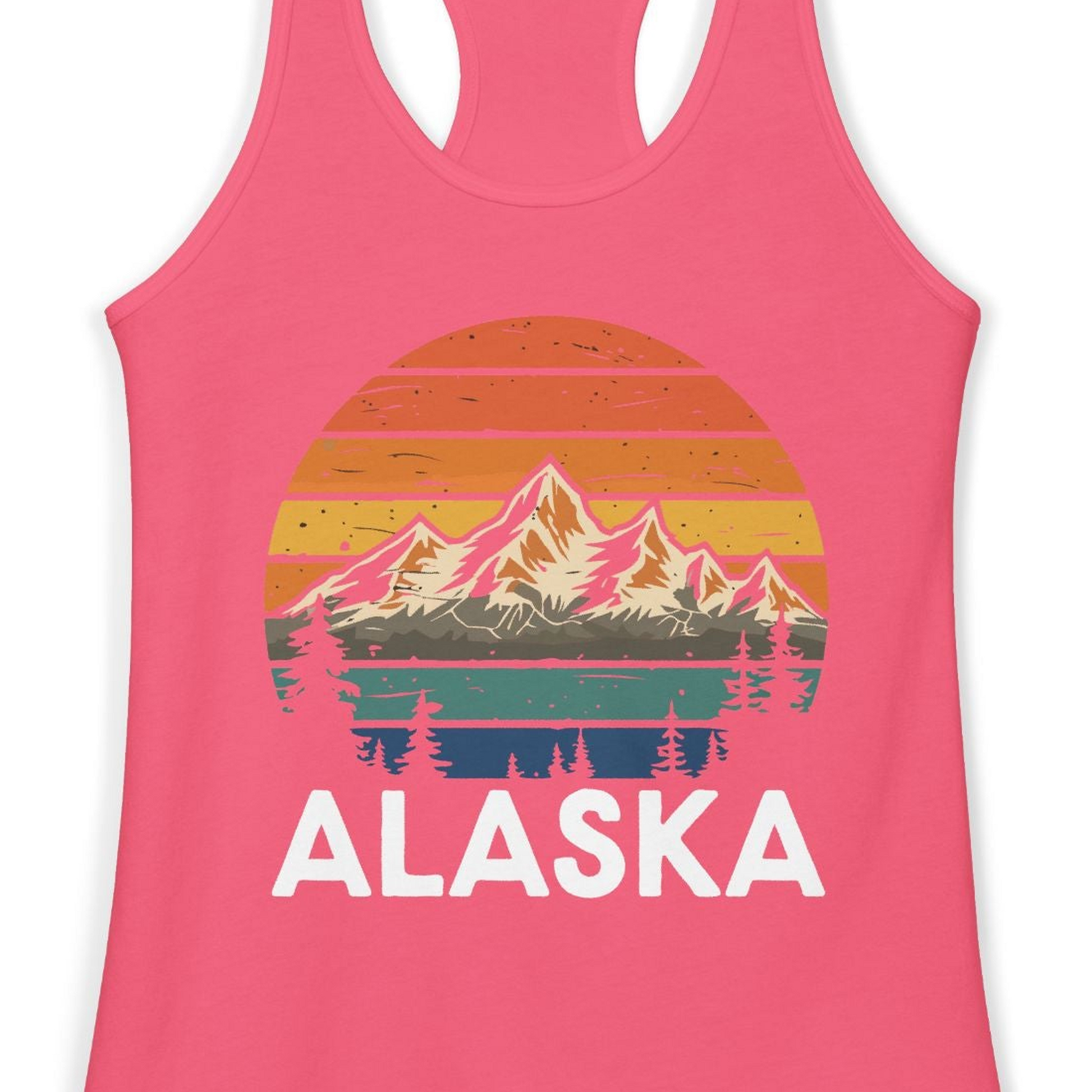 Retro Alaska Mountain Scenery Shirt Ladies Tank Top – Hot Pink – Alaska Cruise Shirts Close Up
