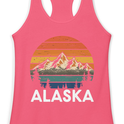 Retro Alaska Mountain Scenery Shirt Ladies Tank Top – Hot Pink – Alaska Cruise Shirts Close Up