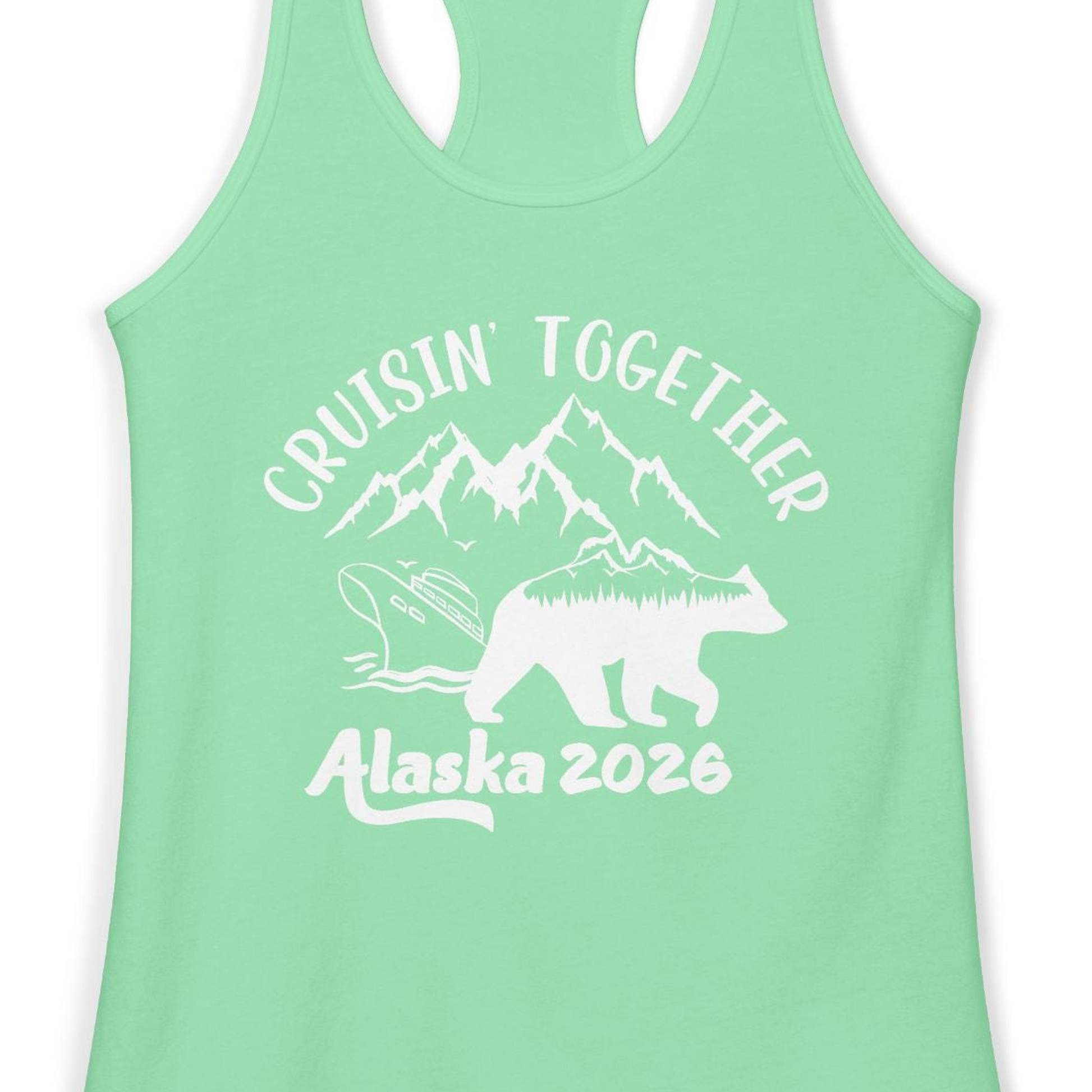 Cruisin Together Alaska 2026 Bear Mountain Group Cruise Shirt — Ladies Tank Ladies Tank Top – Solid Mint – Alaska Cruise Shirts Close Up