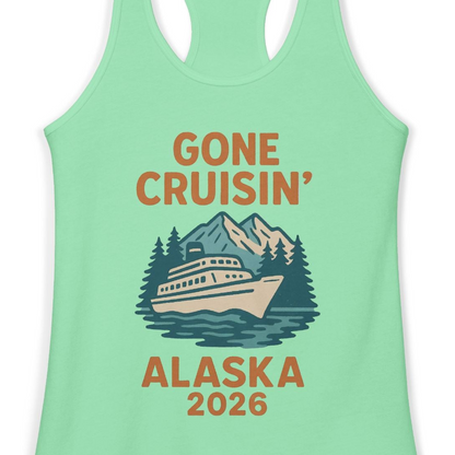Gone Cruisin Alaska 2026 Retro Cruise Ship Nature Scenery Shirt — Ladies Tank Ladies Tank Top – Solid Mint – Alaska Cruise Shirts Close Up