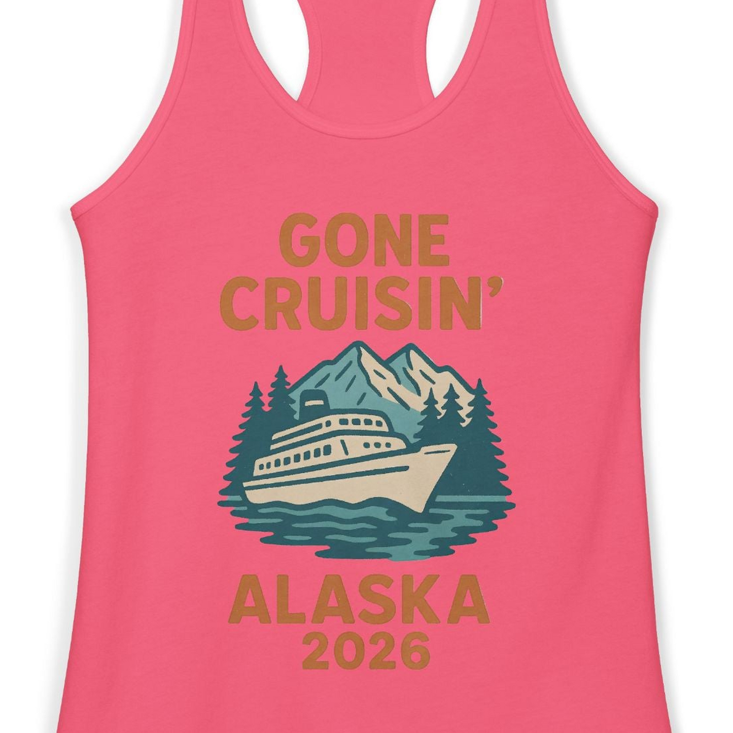 Gone Cruisin Alaska 2026 Retro Cruise Ship Nature Scenery Shirt — Ladies Tank Ladies Tank Top – Hot Pink – Alaska Cruise Shirts Close Up