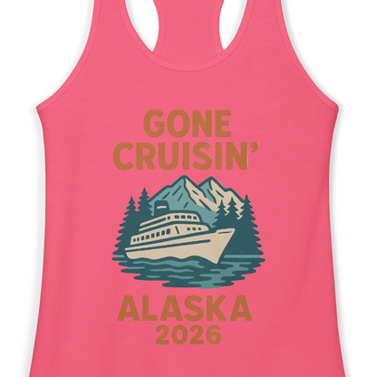 Gone Cruisin Alaska 2026 Retro Cruise Ship Nature Scenery Shirt — Ladies Tank Ladies Tank Top – Hot Pink – Alaska Cruise Shirts Close Up