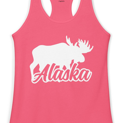 Alaska Moose Wildlife Silhouette Shirt Ladies Tank Top – Hot Pink – Alaska Cruise Shirts Close Up