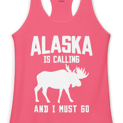 Alaska Is Calling Moose Silhouette Shirt Ladies Tank Top – Hot Pink – Alaska Cruise Shirts Close Up