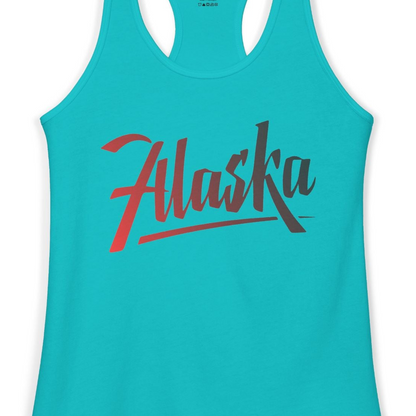 Alaska Script Wordmark Shirt Ladies Tank Top – Tahiti Blue – Alaska Cruise Shirts Close Up