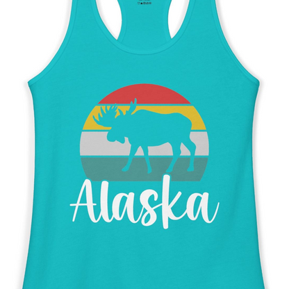 Retro Alaska Moose Silhouette Shirt Ladies Tank Top – Tahiti Blue – Alaska Cruise Shirts Close Up