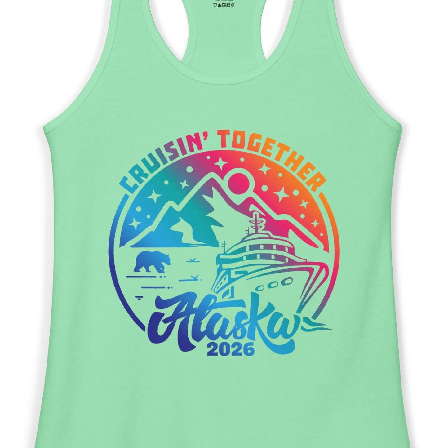 Alaska Cruise Adventure Mountains Wildlife Retro Family Group Shirt 2026 — Ladies Tank Ladies Tank Top – Solid Mint – Alaska Cruise Shirts Close Up