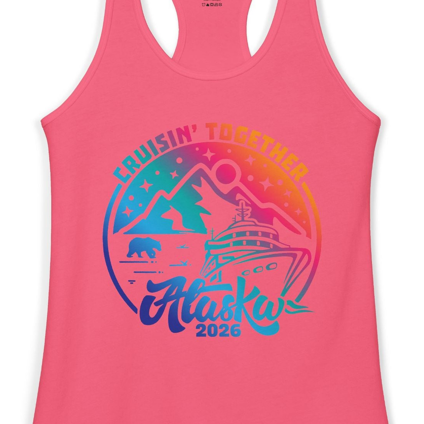 Alaska Cruise Adventure Mountains Wildlife Retro Family Group Shirt 2026 — Ladies Tank Ladies Tank Top – Hot Pink – Alaska Cruise Shirts Close Up